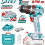 TALADRO INALAMBRICO PERCUTOR 1/2 20V 55NM INCLUYE 2 BATERIA DE 2.0AH, CARGADOR,47 ACCESORIOS,3 BROCAS CONCRETO INDUSTRIAL SUPER TOTAL (UTIDLI20558)