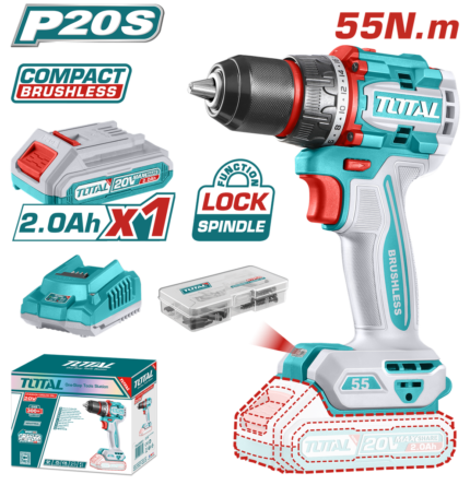 TALADRO ATORNILLADOR INALAMBRICO 1/2 20V 55NM INCLUYE 1 BATERIA DE 2.0AH, CARGADOR,47 ACCESORIOS TOTAL (UTDLI205582)