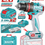 TALADRO DE IMPACTO INALAMBRICO 1/2 42V 69NM INCLUYE 2 BATERIA DE 2.0AH, CARGADOR,47 ACCESORIOS,3 BROCAS CONCRETO y 2 PUNTAS DESTORNILLADOR INDUSTRIAL SUPER TOTAL (UTIDLI426982)