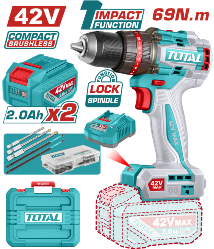 TALADRO DE IMPACTO INALAMBRICO 1/2 42V 69NM INCLUYE 2 BATERIA DE 2.0AH, CARGADOR,47 ACCESORIOS,3 BROCAS CONCRETO y 2 PUNTAS DESTORNILLADOR INDUSTRIAL SUPER TOTAL (UTIDLI426982)