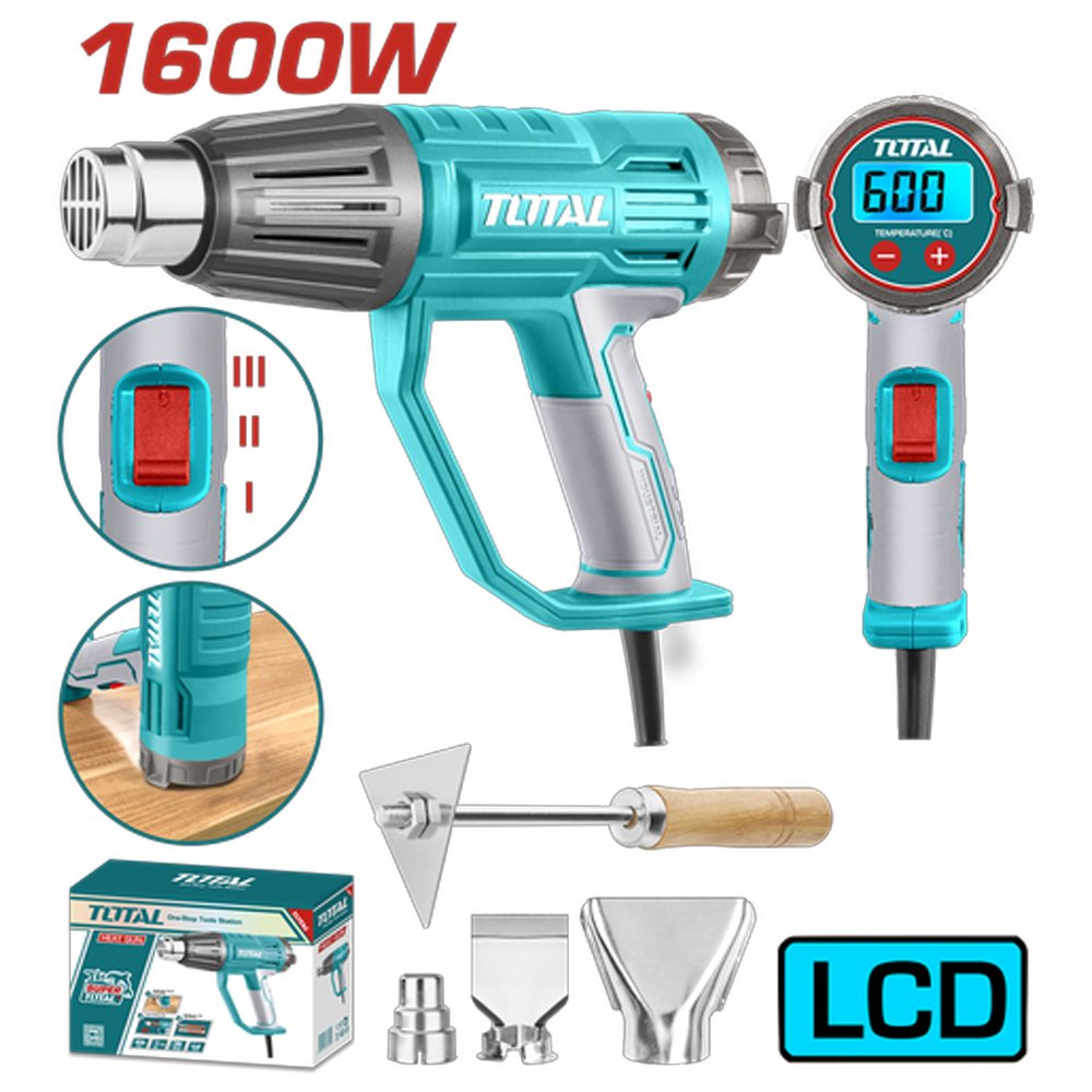 PISTOLA CALOR CON TEMPERATURA AJUSTABLE PANTALLA LCD 1600W INCLUYE 3 BOQUILLAS Y 1 RASCADOR INDUSTRIAL TOTAL (UTB16056) PISTOLA CALOR CON TEMPERATURA AJUSTABLE PANTALLA LCD 1600W INCLUYE 3 BOQUILLAS Y 1 RASCADOR INDUSTRIAL TOTAL (UTB16056) - Image 1