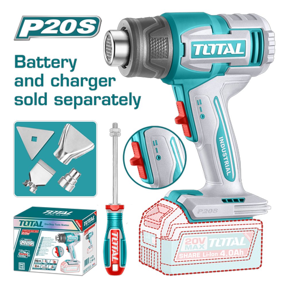 PISTOLA CALOR INALAMBRICA 20V CON TEMPERATURA AJUSTABLE INCLUYE 4 BOQUILLAS 1 RASCADOR BATERIA Y CARGADOR NO INCLUIDO INDUSTRIAL SUPER TOTAL (TBLI2006) PISTOLA CALOR INALAMBRICA 20V CON TEMPERATURA AJUSTABLE INCLUYE 4 BOQUILLAS 1 RASCADOR BATERIA Y CARGADOR NO INCLUIDO INDUSTRIAL SUPER TOTAL (TBLI2006) - Image 1