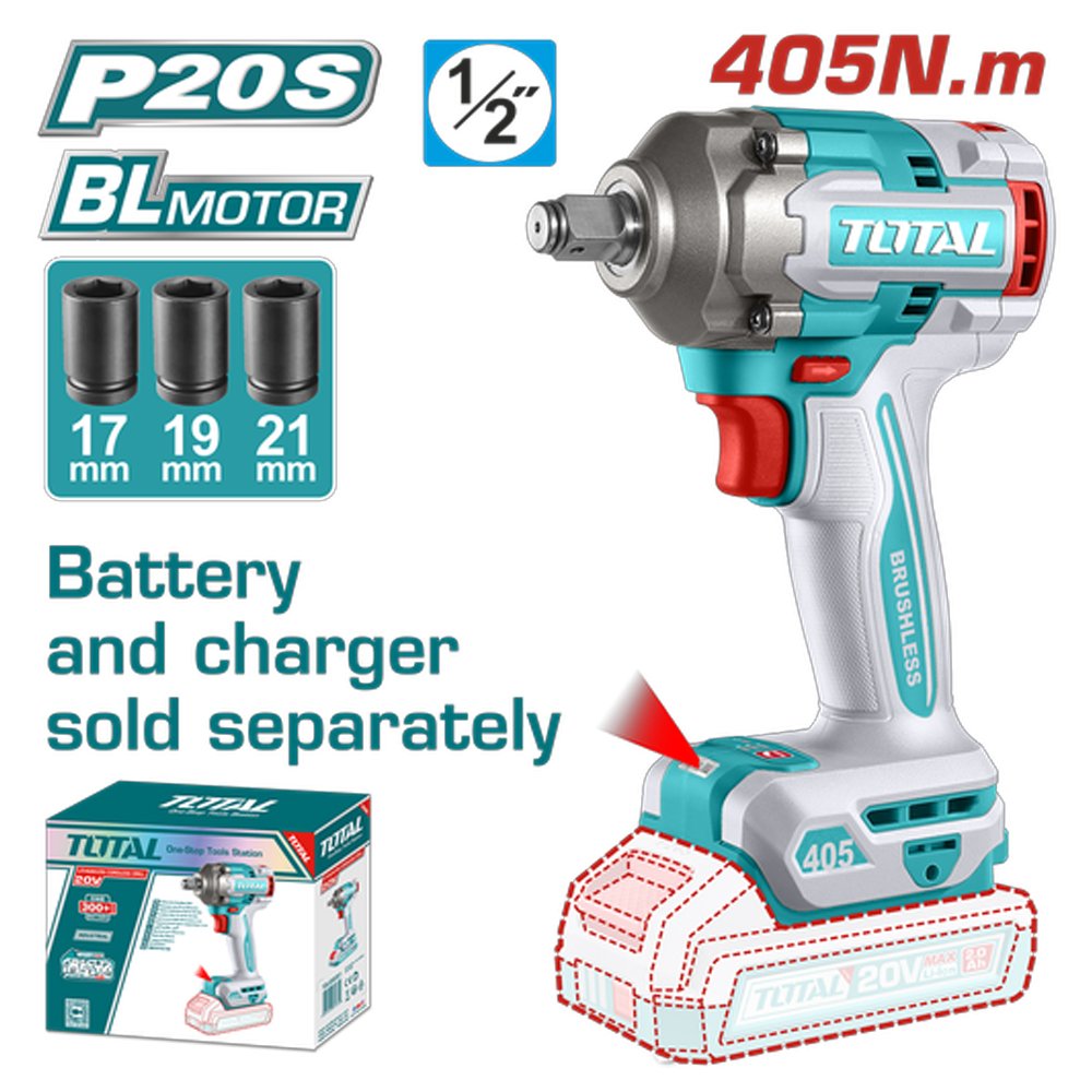 PISTOLA IMPACTO INALAMBRICA 1-2 20V 405NM INCLUYE 3 COPAS 17,19,21, BATERIA Y CARGADOR SE VENDEN POR SEPARADO INDUSTRIAL SUPER TOTAL (TIWLI20451) PISTOLA IMPACTO INALAMBRICA 1/2 20V 405NM INCLUYE 3 COPAS 17,19,21, BATERIA Y CARGADOR SE VENDEN POR SEPARADO INDUSTRIAL SUPER TOTAL (TIWLI20451) - Image 1