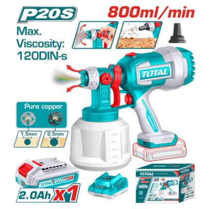 PISTOLA PINTAR INALAMBRICA 800ML 20V INCLUYE BATERIA 20V, CARGADOR, AGUJA DE LIMPIEZA Y DOS BOQUILLAS, TOTAL (UTSGLI20042)