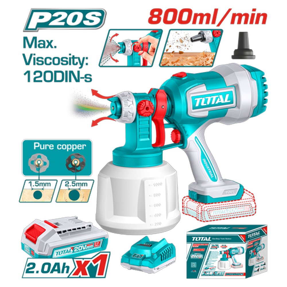 PISTOLA PINTAR INALAMBRICA 800ML 20V INCLUYE BATERIA 20V, CARGADOR, AGUJA DE LIMPIEZA Y DOS BOQUILLAS, TOTAL (UTSGLI20042) PISTOLA PINTAR INALAMBRICA 800ML 20V INCLUYE BATERIA 20V, CARGADOR, AGUJA DE LIMPIEZA Y DOS BOQUILLAS, TOTAL (UTSGLI20042) - Image 1